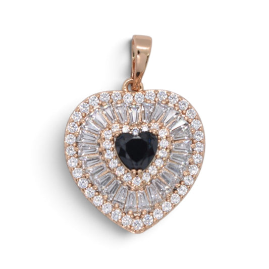Gold Plated Rose Gold Tone Heart Baguette CZ Halo Pendant - Oro Laminado