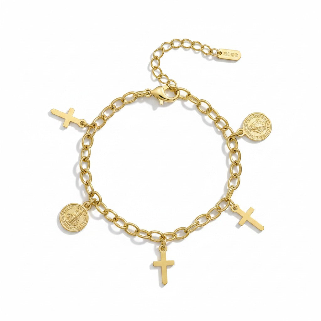 Gold Plated Cuban San Benito with Cross Charm Bracelet