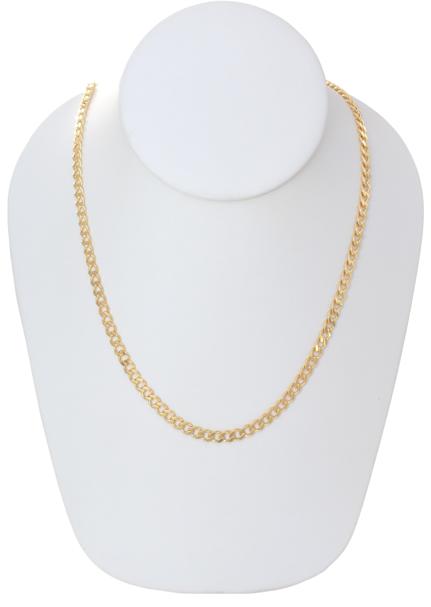 Gold Plated 120mm width Cuban Chain Necklace displayed on a jewelry display, available in 24" and 26" lengths.