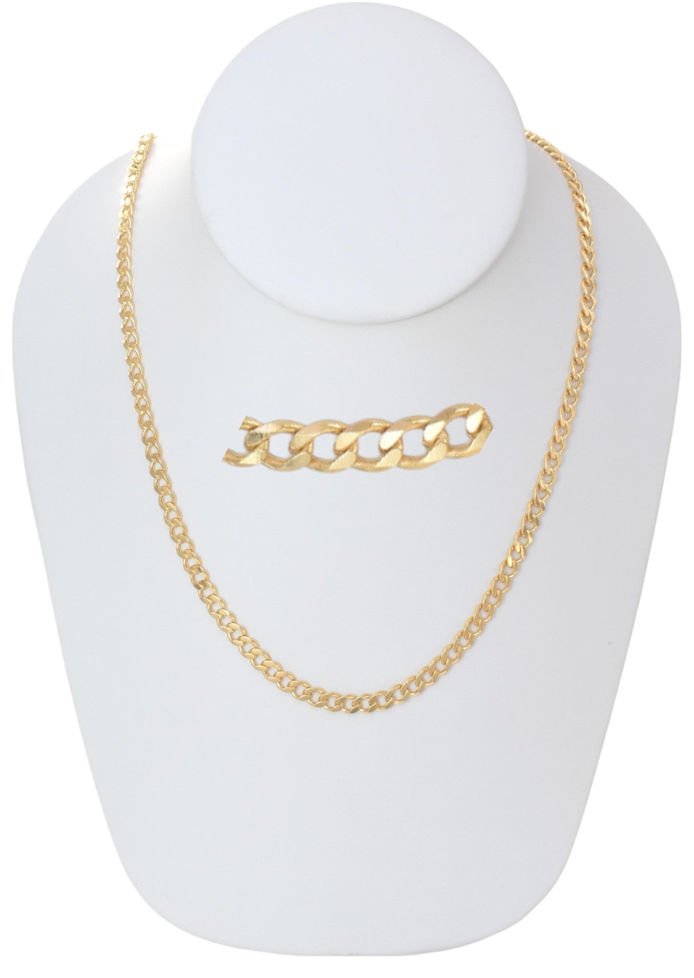 Gold Plated 120mm width Cuban Chain Necklace displayed on a jewelry display, available in 24" and 26" lengths.