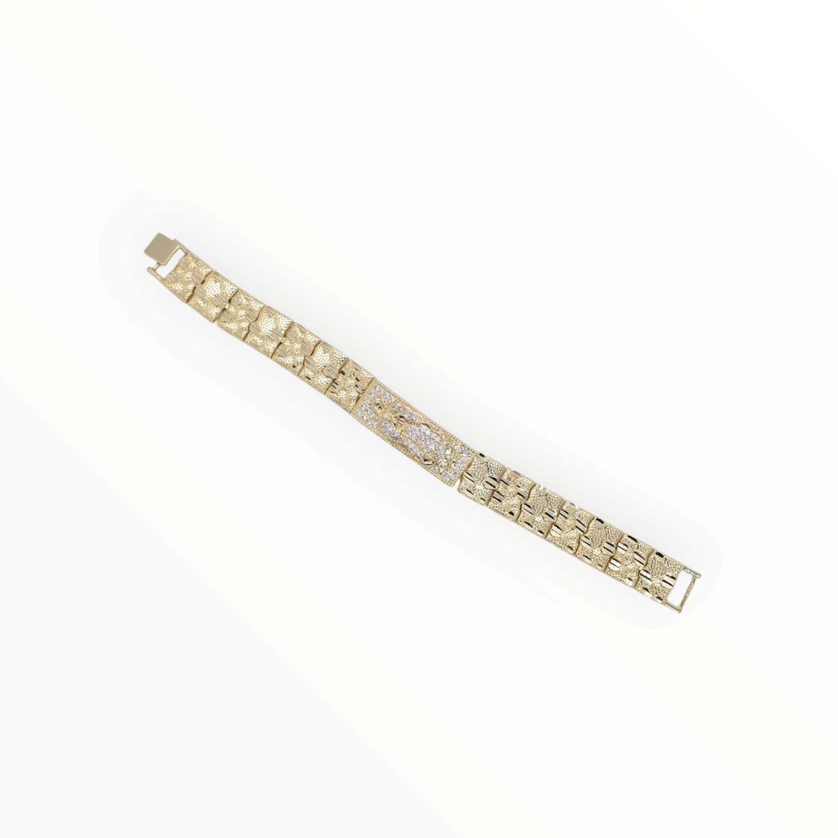 Gold Plated Virgin Mary Nugget Link Pave CZ ID Bracelet - Oro Laminado