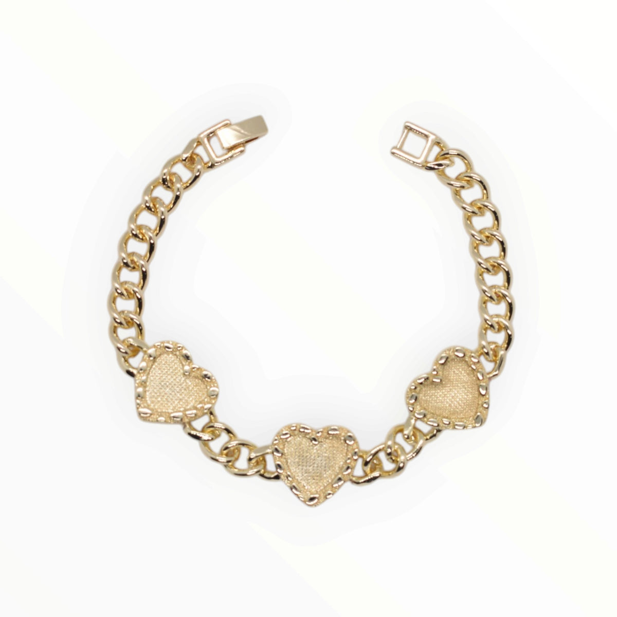 Gold Plated Stippled Heart Station Curb Chain Bracelet - Oro Laminado