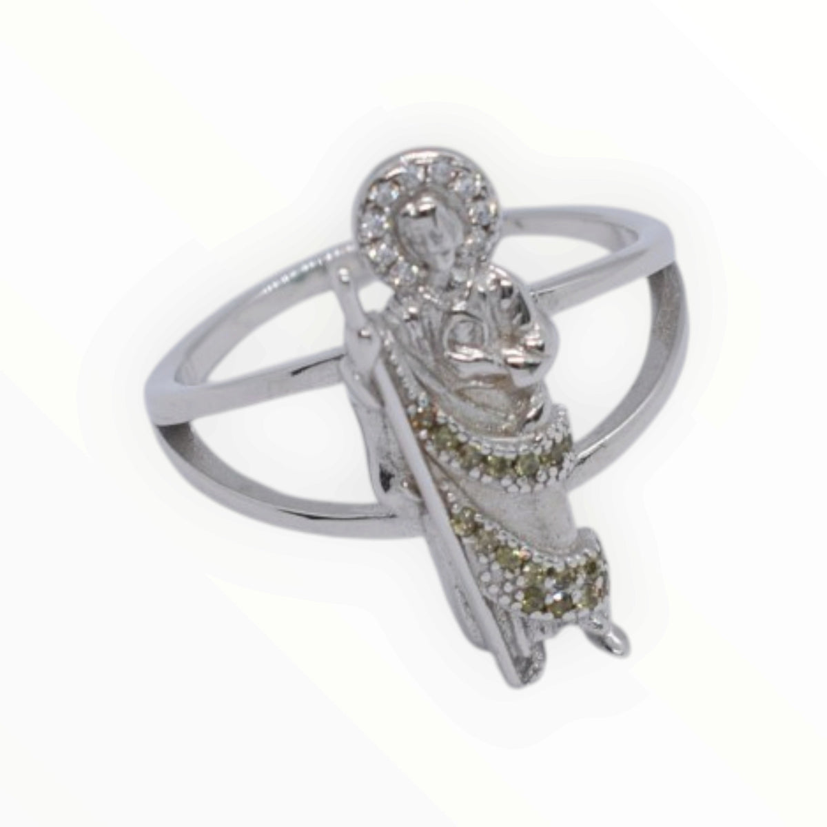 925 Sterling Silver St. Jude Figurine Pave CZ Split Shank Ring