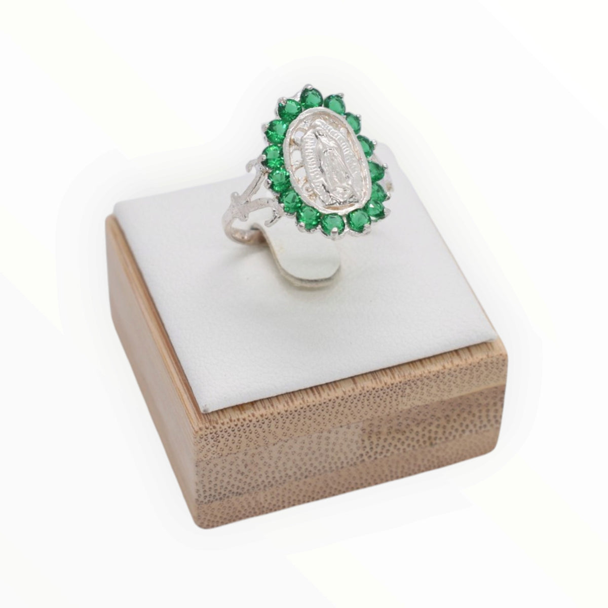 925 Sterling Silver Virgin Mary Green CZ Halo Ring