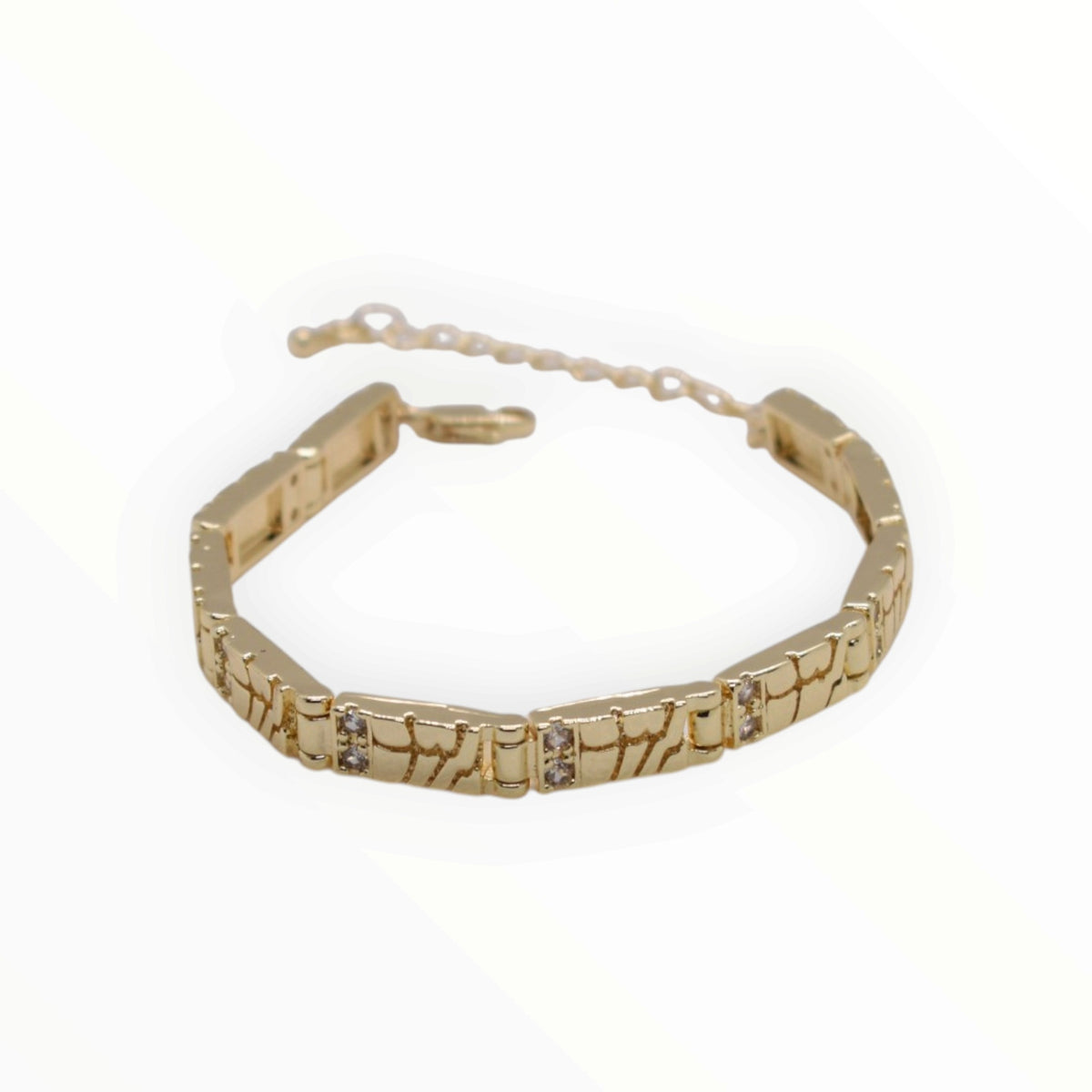 Gold Plated Abstract Bark Textured Link CZ Accent Bracelet - Oro Laminado
