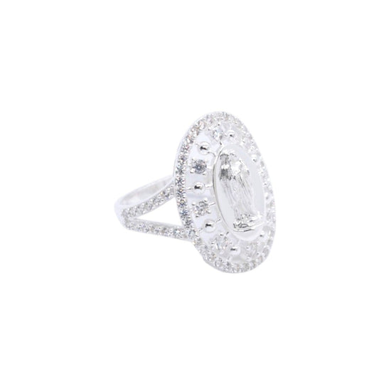 925 Sterling Silver Virgin Mary Openwork Oval Pave CZ Ring - Plata de Ley 925