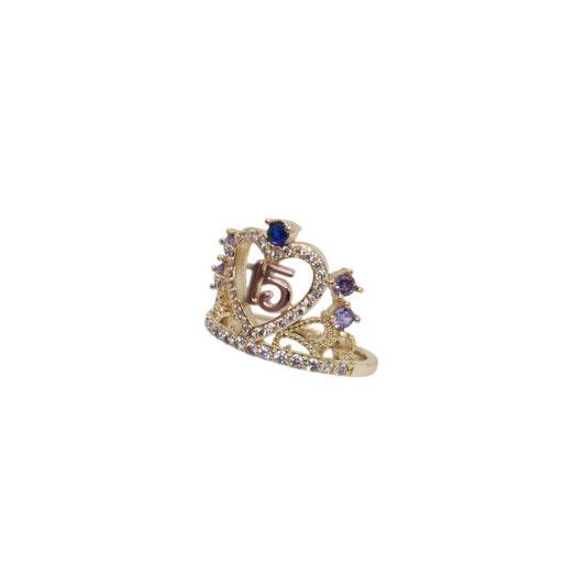 Gold Plated Quinceañera 15 Crown Tiara Multi-Color CZ Ring - Oro Laminado