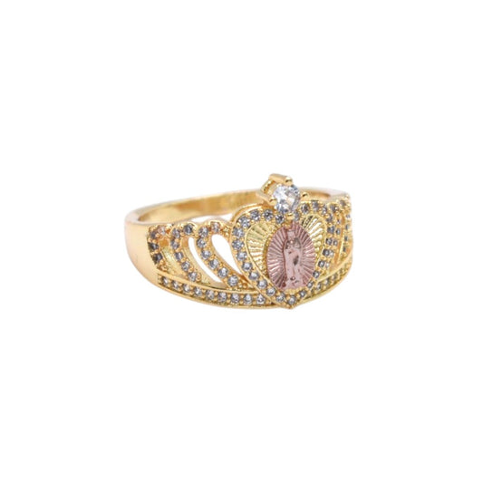 Gold Plated Tri-Tone Virgin Mary Crown Tiara Pave CZ Ring - Oro Laminado