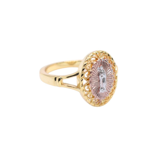 Gold Plated Tri-Tone Virgin Mary Filigree Oval Ring - Oro Laminado