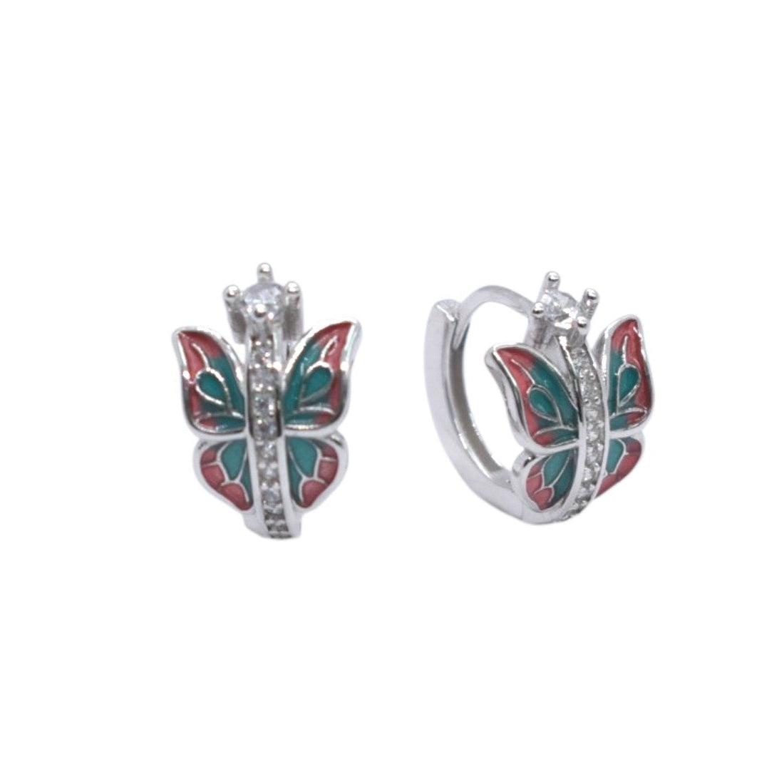 925 Sterling Silver Enamel Butterfly Huggie Earrings - Plata de Ley 925