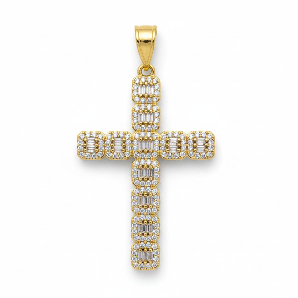 Gold Plated Baguette & Round CZ Cross Pendant - Oro Laminado