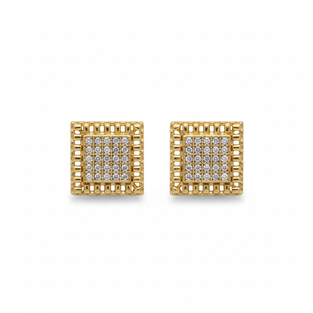 Gold Plated Square CZ Pave Basket Stud Earrings - Oro Laminado