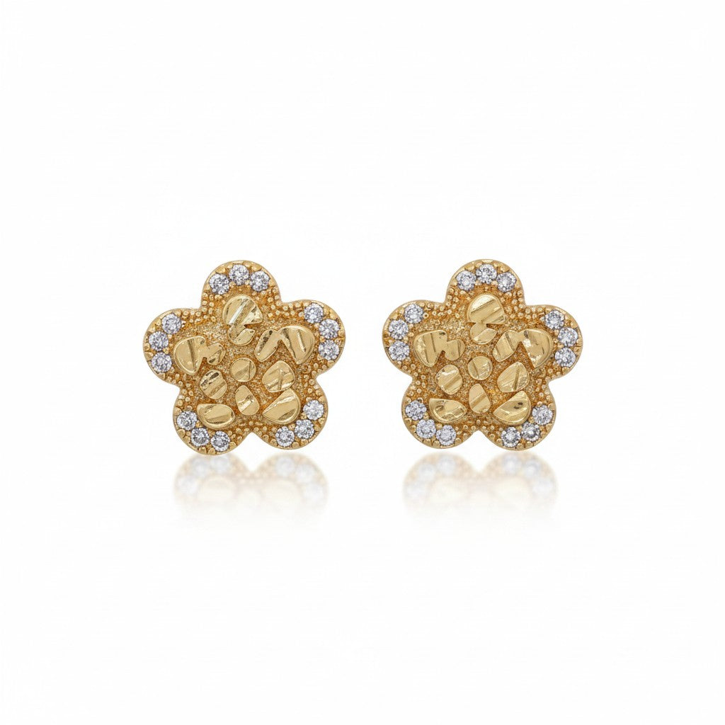 Gold Plated Flower Textured Nugget Micro-Pave CZ Halo Stud Earrings - Oro Laminado