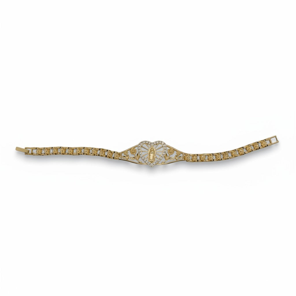 Gold Plated Virgin Mary Heart Centerpiece Nugget Link Bracelet - Oro Laminado