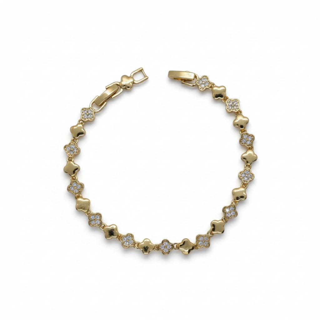 Gold Plated Alternating Four-Leaf Clover Link Bracelet - Oro Laminado