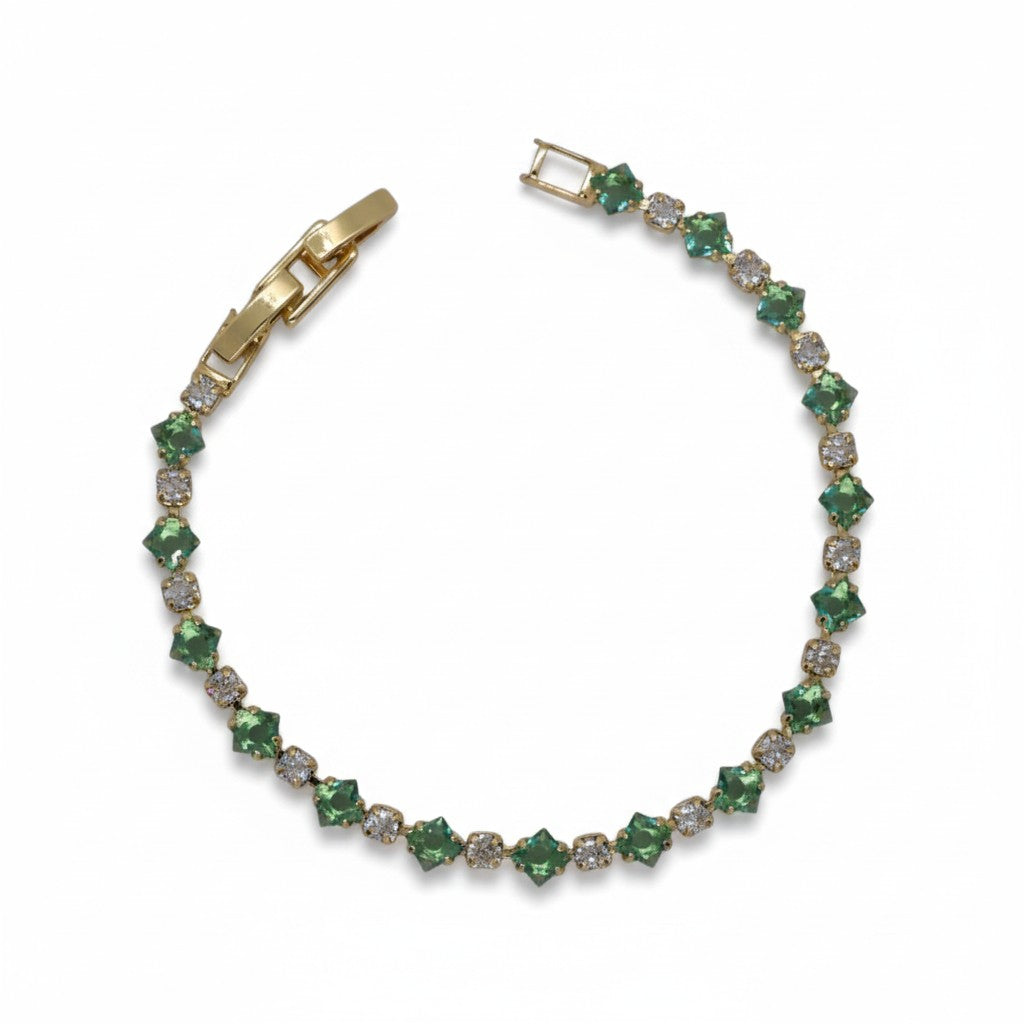 Gold Plated Forest Green & Clear CZ Alternating Tennis Bracelet - Oro Laminado