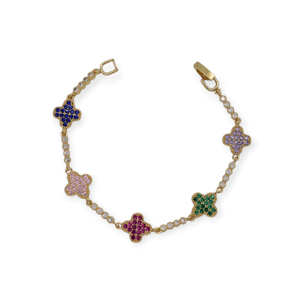 Gold Plated Pave CZ Four-Leaf Clover Station Bracelet - Oro Laminado