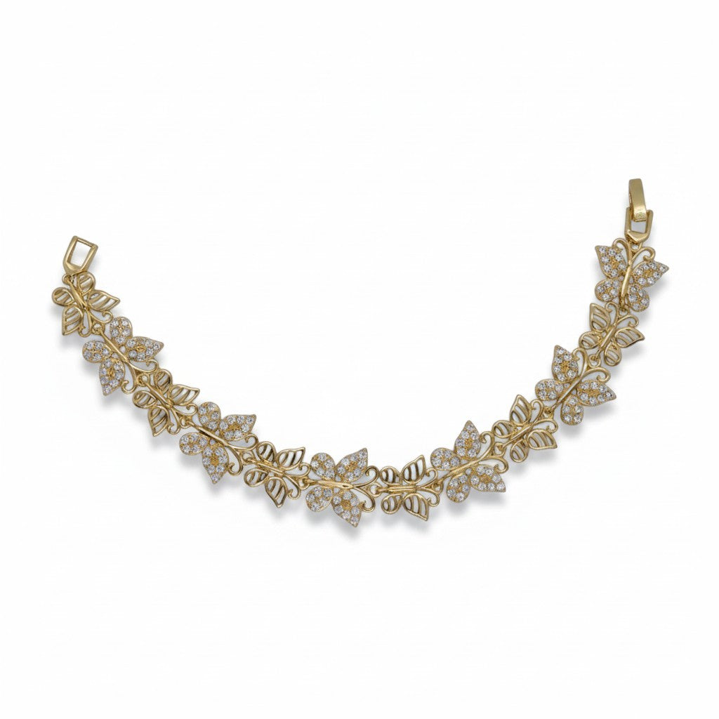 Gold Plated Alternating Pave CZ Butterfly Motif Link Bracelet - Oro Laminado