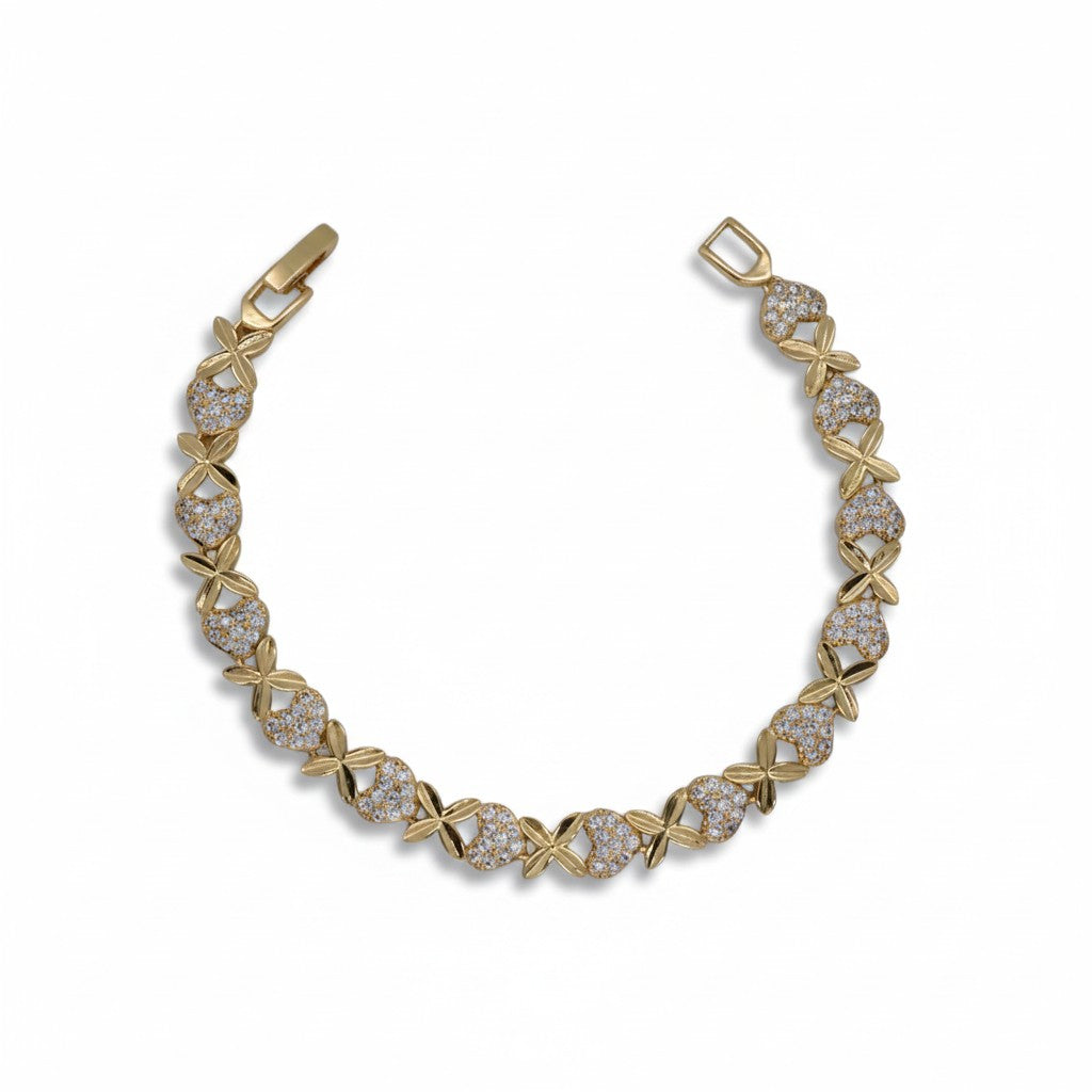 Gold Plated Pave CZ Heart & Cross XO Link Bracelet - Oro Laminado