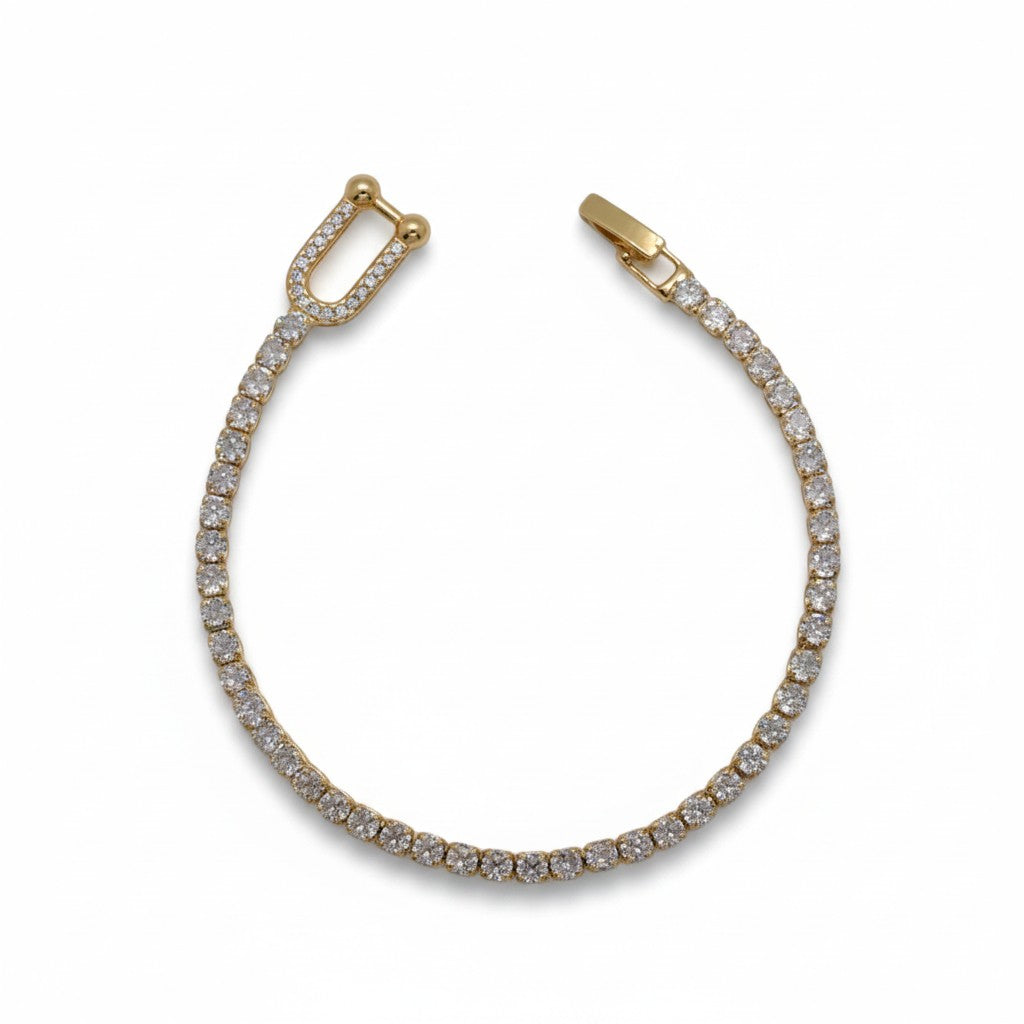 Gold Plated Round CZ Tennis Bracelet with Pave U-Shaped Horseshoe Link - Oro Laminado