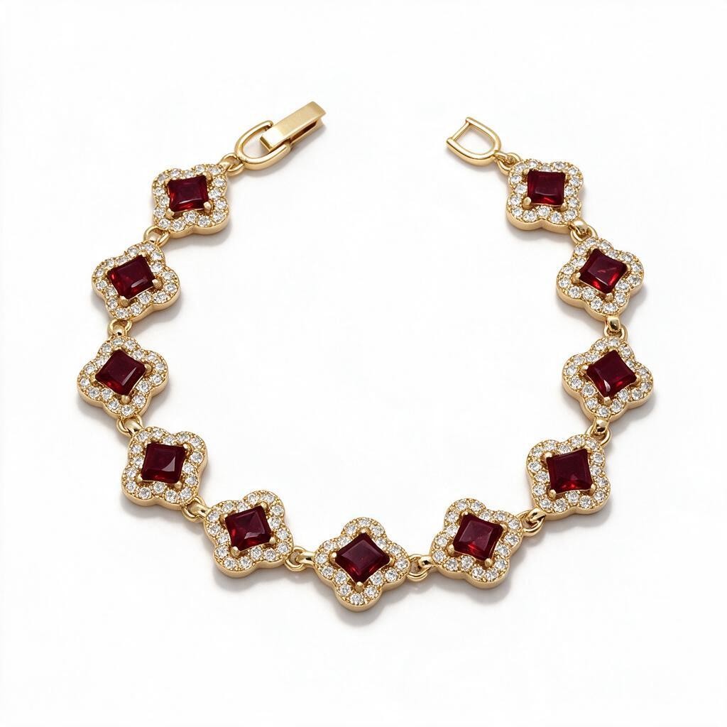 Gold Plated Princess-Cut Gemstone Floral Quatrefoliate Halo Station Bracelet - Oro Laminado