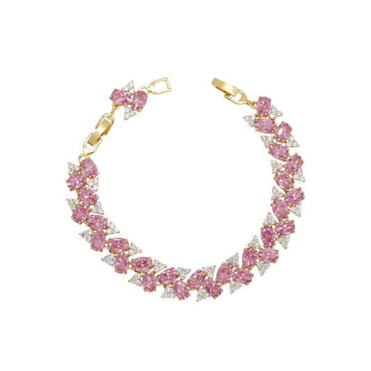 Amafhha Jewels gold-plated vine bracelet featuring pink oval gemstones and sparkling clear cubic zirconia clusters.