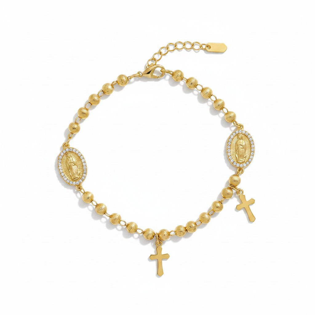 Gold Plated Our Lady of Guadalupe with Cross - San Benito Bead Bracelet