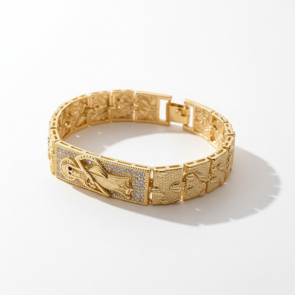 Gold Plated Santa Muerte CZ Accent Nugget Link Bracelet - Oro Laminado