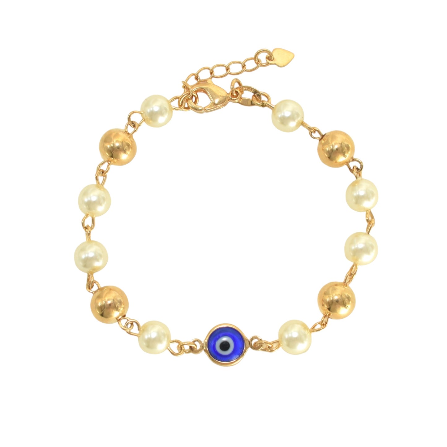 Gold Plated Blue Evil Eye Religious Pearl Bracelets, Oro Laminado Religious Pulsera, Link Bracelet