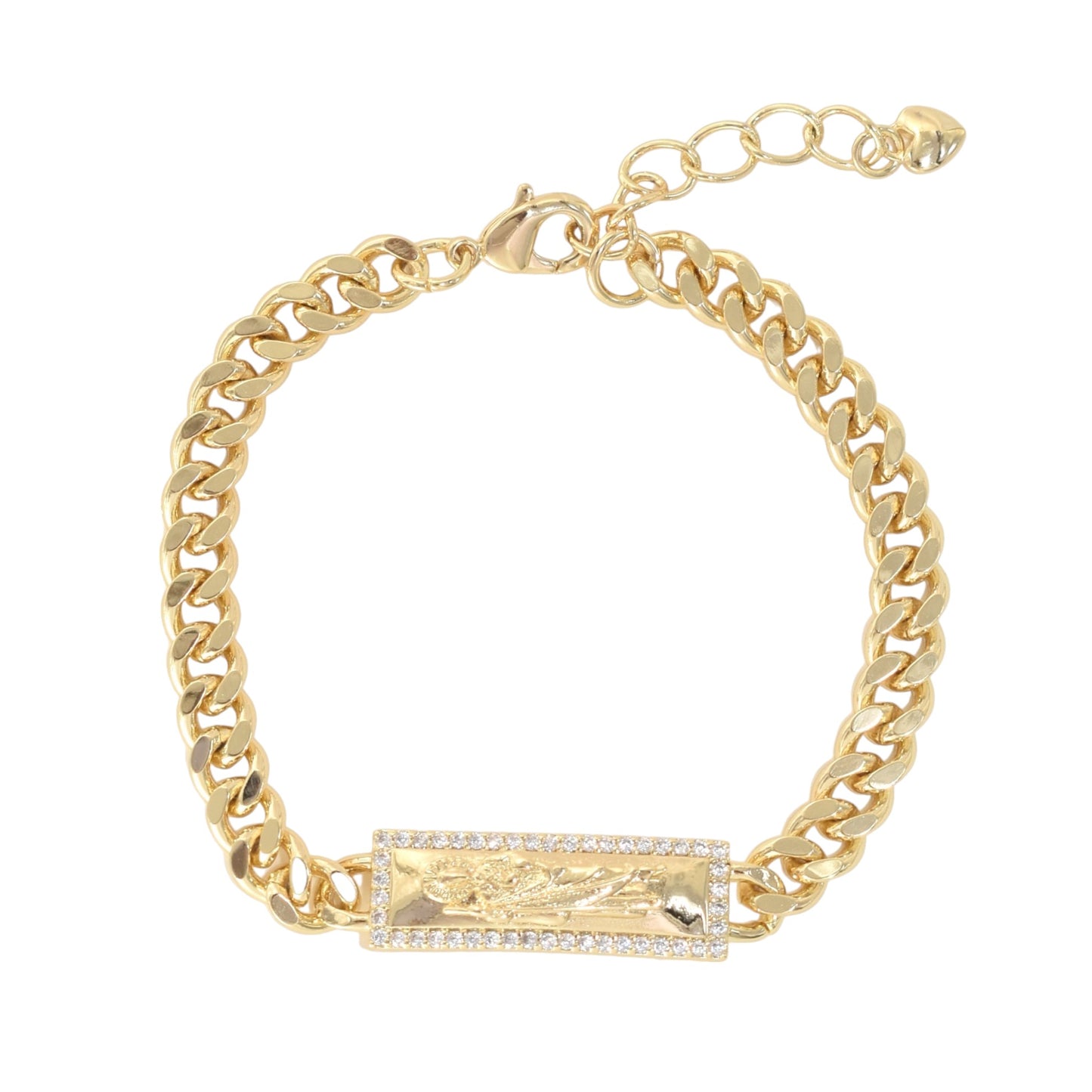 Gold Plated CZ St Judas Protection Bracelets, Oro Laminado Religious Pulsera, Cuban Link Bracelet