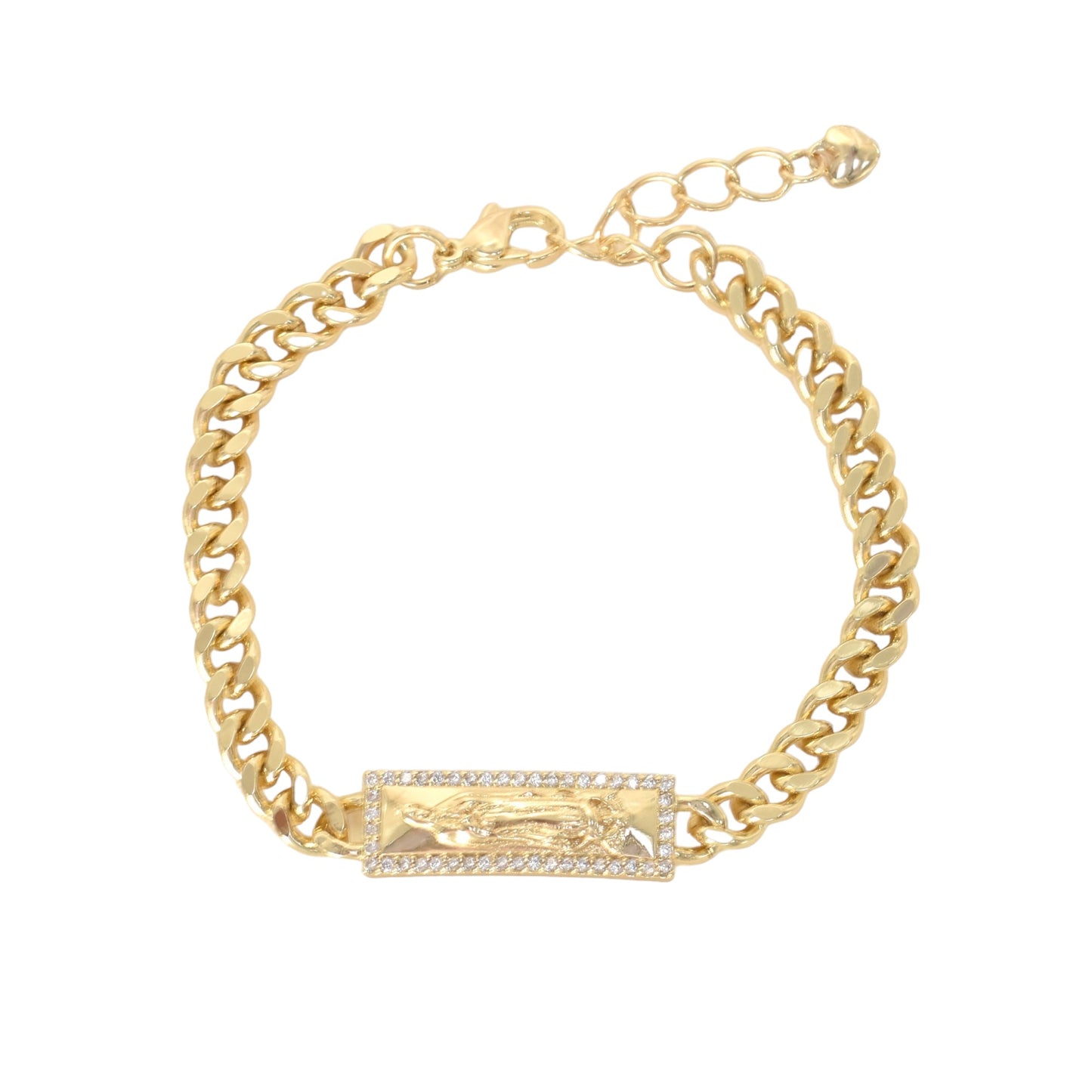 Gold Plated CZ St Judas Protection Bracelets, Oro Laminado Religious Pulsera, Cuban Link Bracelet