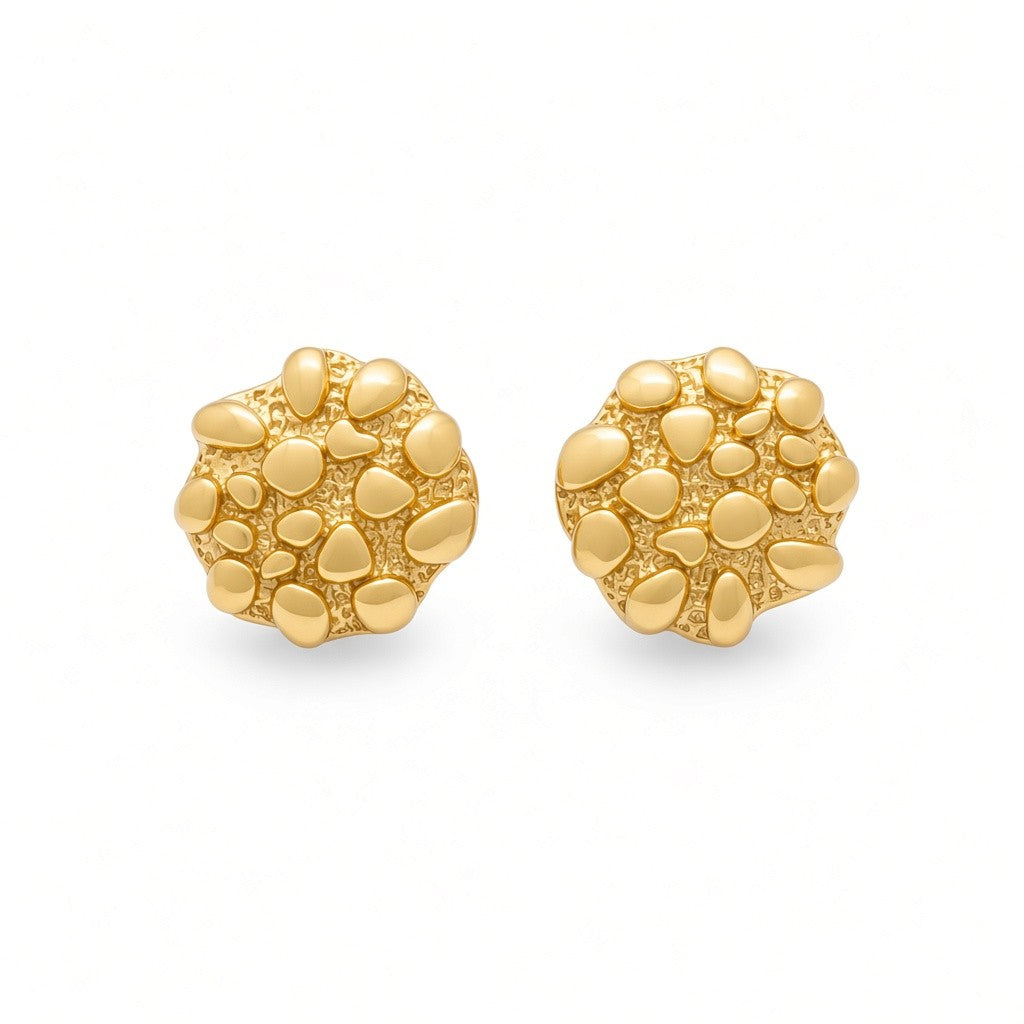 Gold Plated Round Textured Nugget Stud Earrings - Oro Laminado