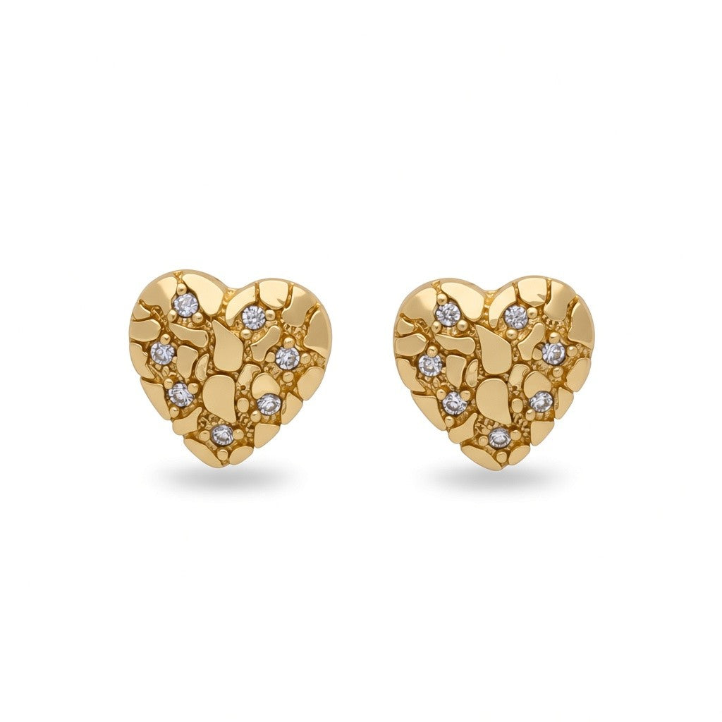 Gold Plated Textured Heart CZ Accent Nugget Stud Earrings - Oro Laminado