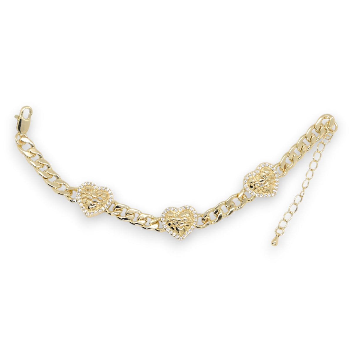Gold Plated Micro-Pave CZ Textured Heart Curb Chain Station Bracelet - Oro Laminado