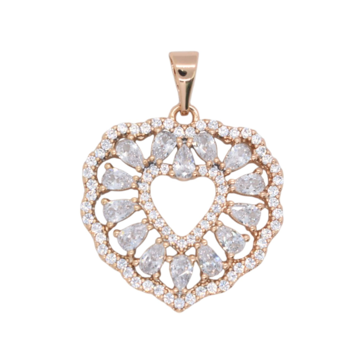 Gold Plated Rose Gold Tone Pear Cut CZ Open Heart Pendant - Oro Laminado