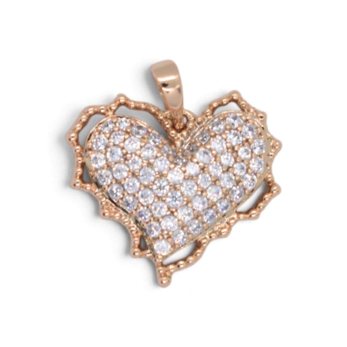 Gold Plated Rose Gold Tone Pave CZ Heart Lace Border Pendant - Oro Laminado