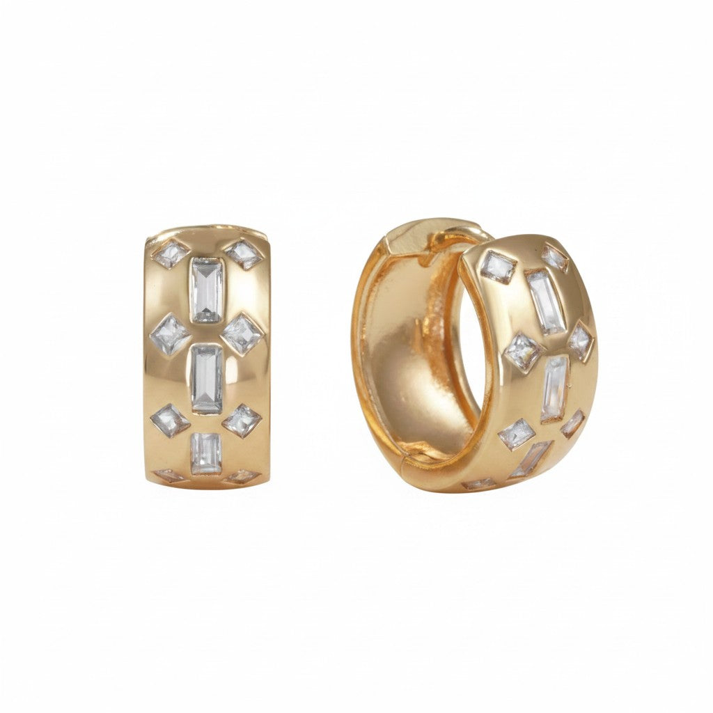Gold Plated Wide Geometric Mosaic Huggie Earrings