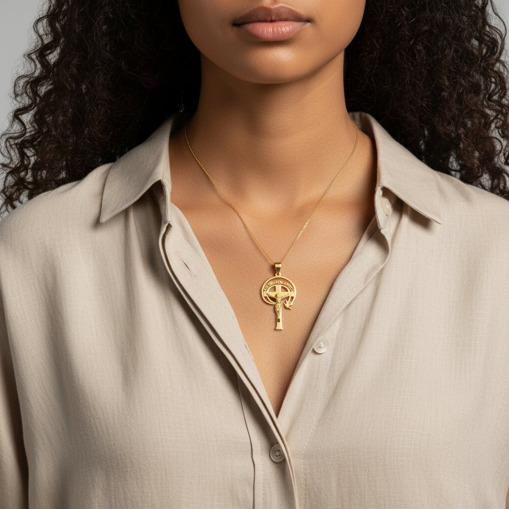 Gold-Plated Veni Creator Spiritus Cross Pendant - Amafhha Jewels