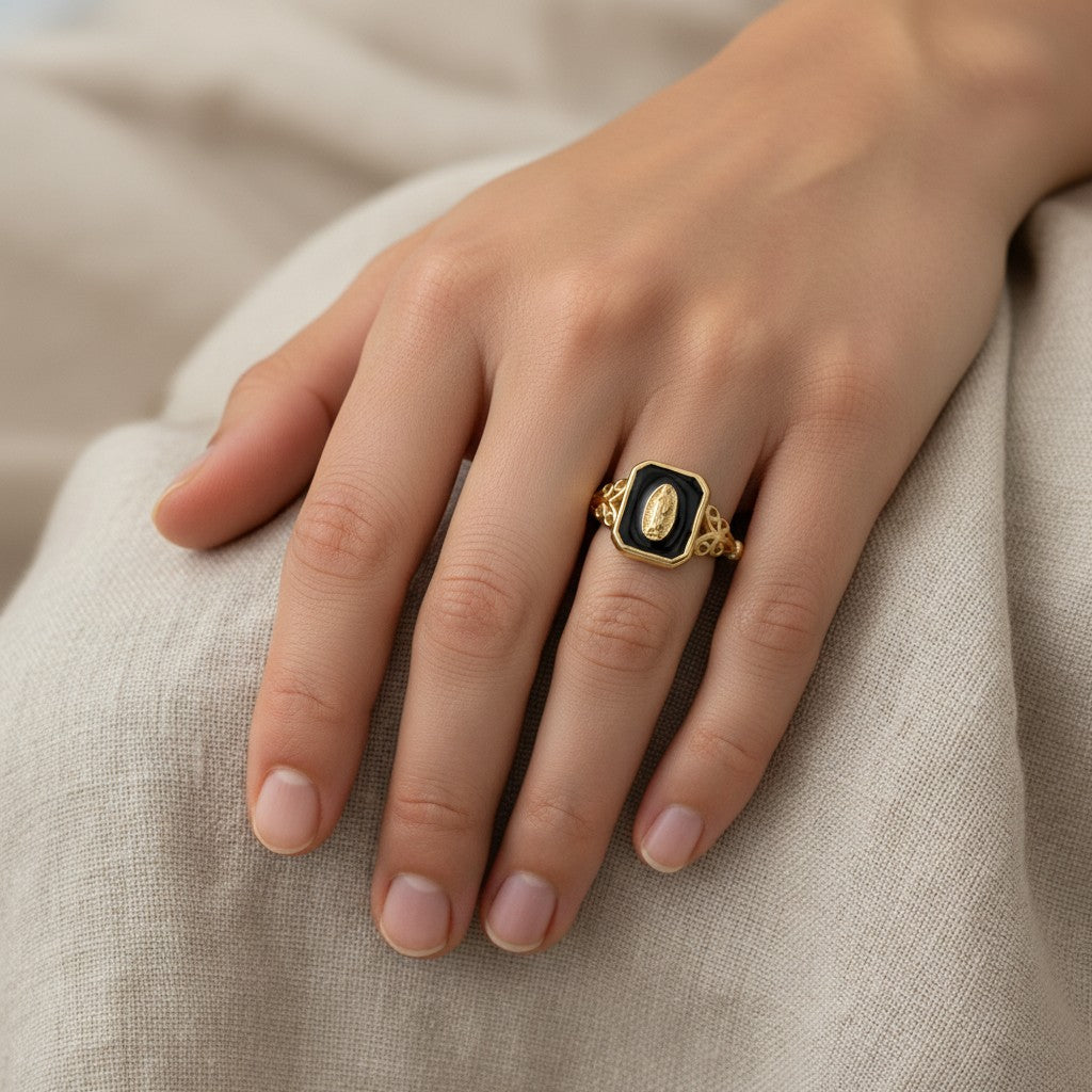 Gold Plated Ring black enamel Virgin Mary