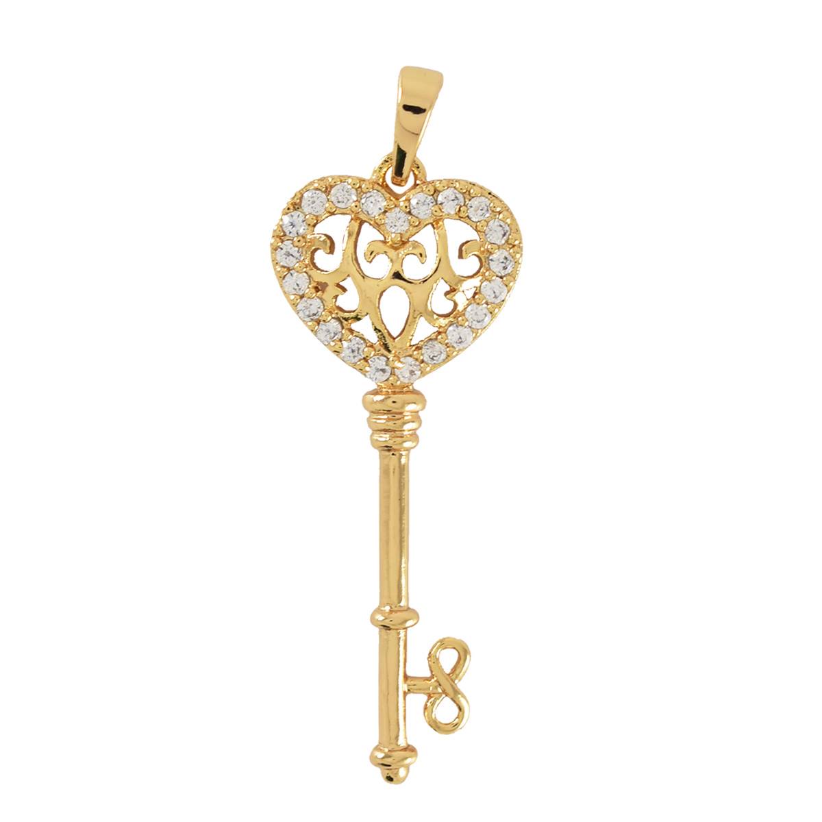 Gold Plated Heart key Pendant charm with CZ | Wholesale Jewelry