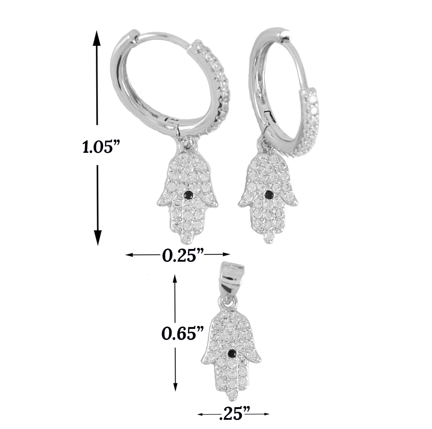 Hamsa Hand Ladies 925 Sterling Silver Set Huggie Hoop Style Set