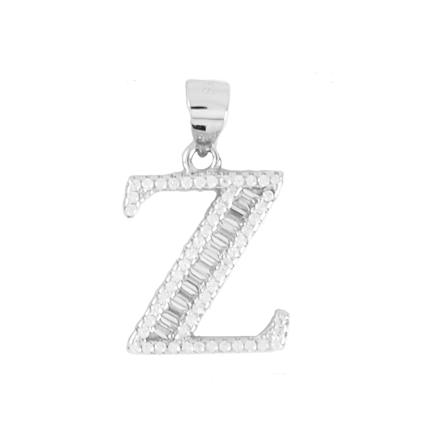 925 Sterling Silver A-Z Baguette Initial Pendants CZ