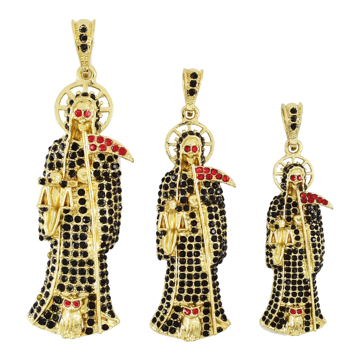 Santa Muerte Gold Plated Pendant-Complete Black Stones with Red Eyes | Wholesale Jewelry - Amafhha Jewels
