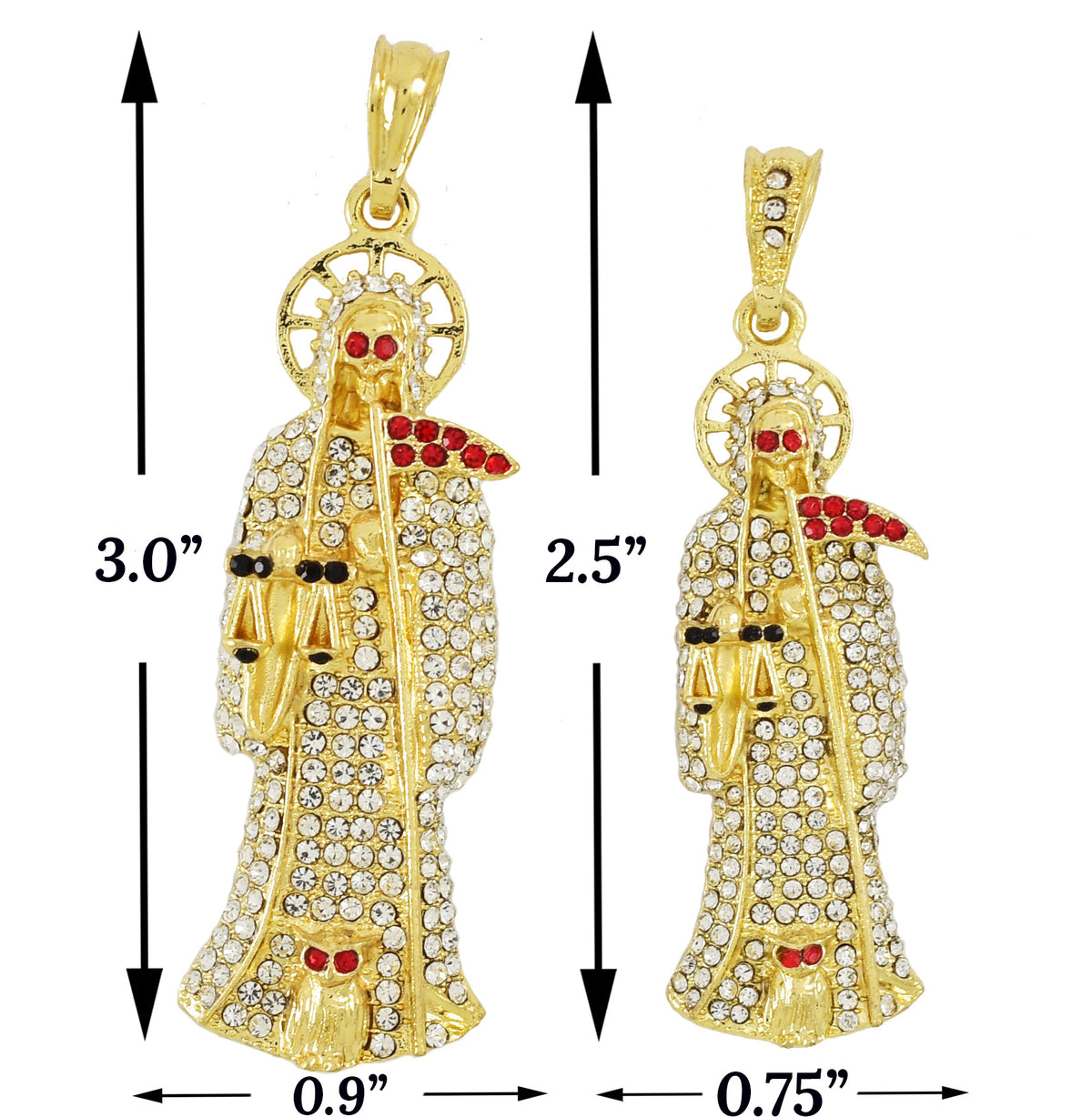 Santa Muerte Full White Cubic Zirconia Stones with Red Eyes- Gold Plated Pendant | Wholesale Jewelry - Amafhha Jewels