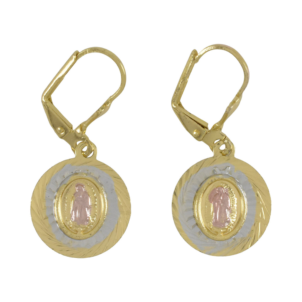 Gold Plated Two Tone Virgin Mary Dangly Earrings