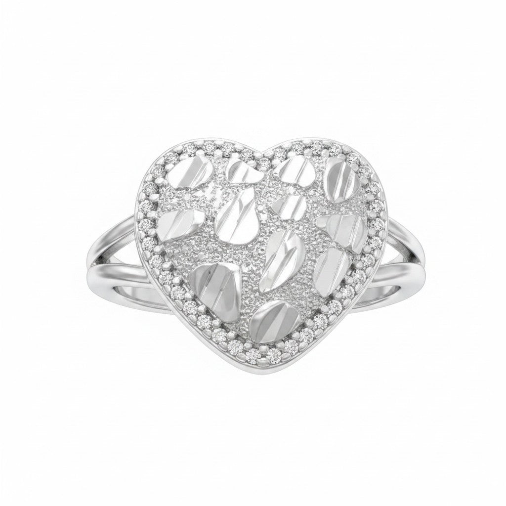 Nugget Heart Ring With CZ Stones - SilverTone