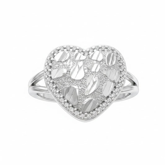 Nugget Heart Ring With CZ Stones - SilverTone
