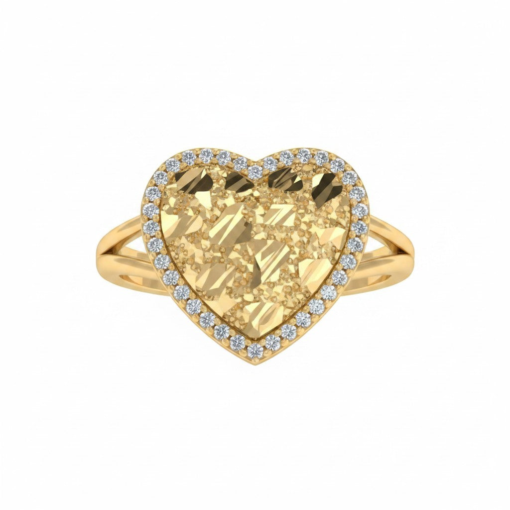 Nugget Heart Ring With CZ Stones - Gold Tone