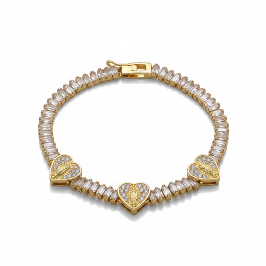 Gold Plated Baguette CZ Heart Virgin Mary Station Bracelet - Oro Laminado
