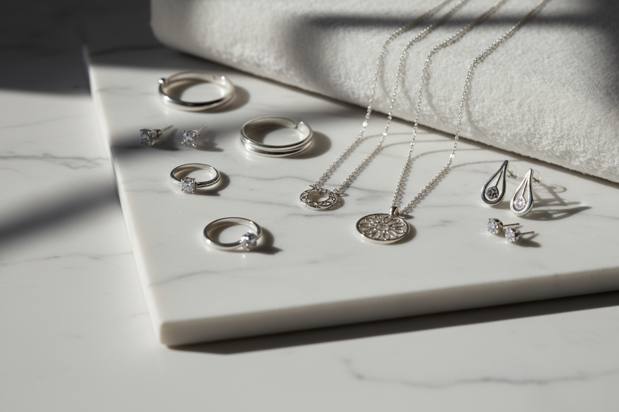 Silver jewelry including rings, necklaces, and earrings on a marble surface.